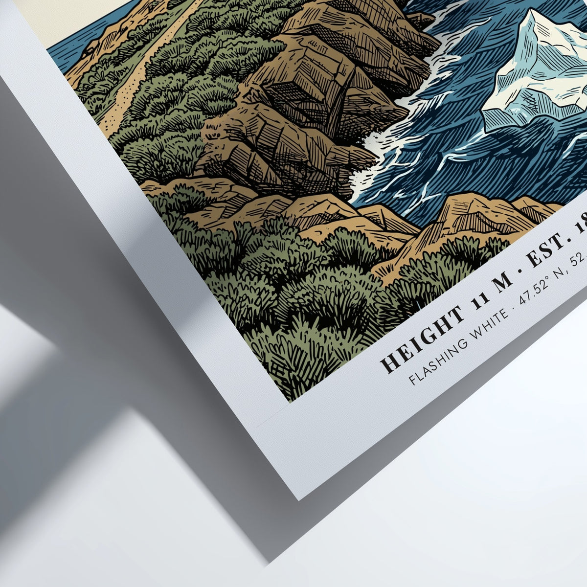 Poster featuring the historic Cape Spear lighthouse atop rocky cliffs with floating icebergs.