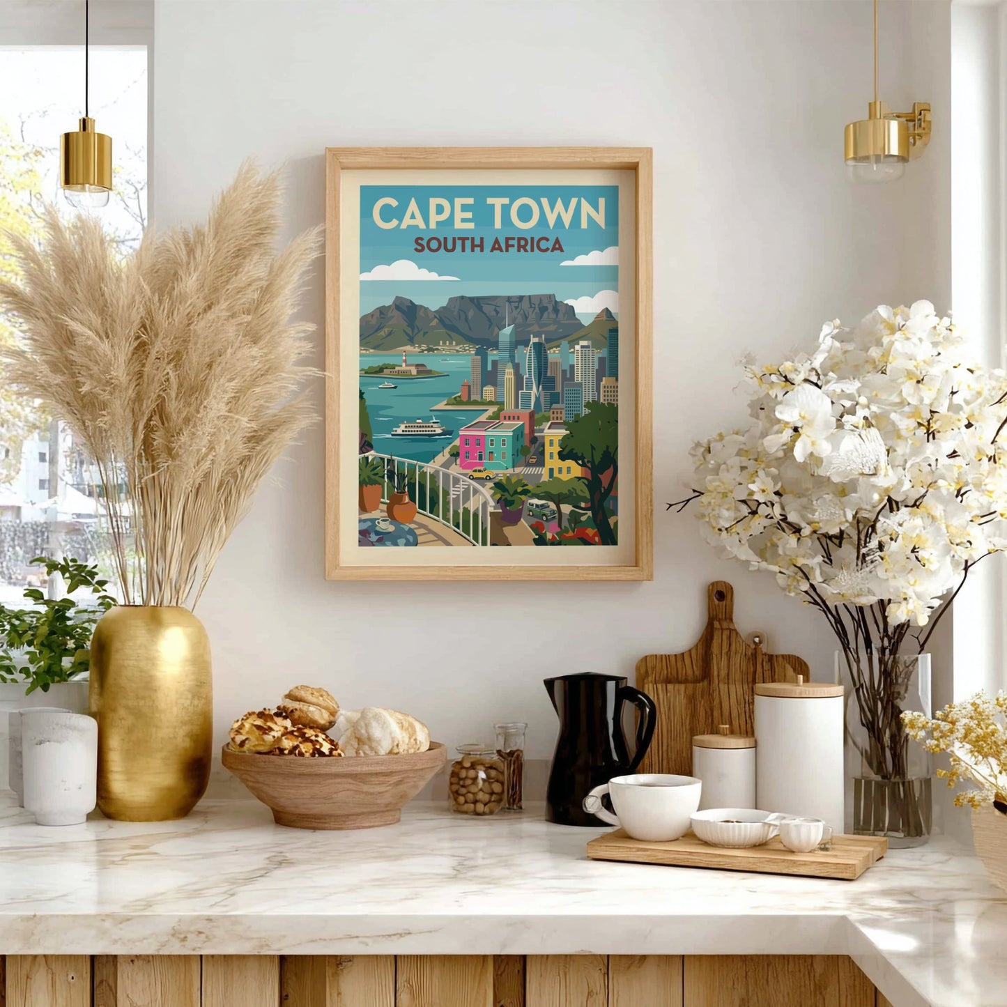 Stylized Cape Town travel poster with Table Mountain, cityscape, and colourful buildings.