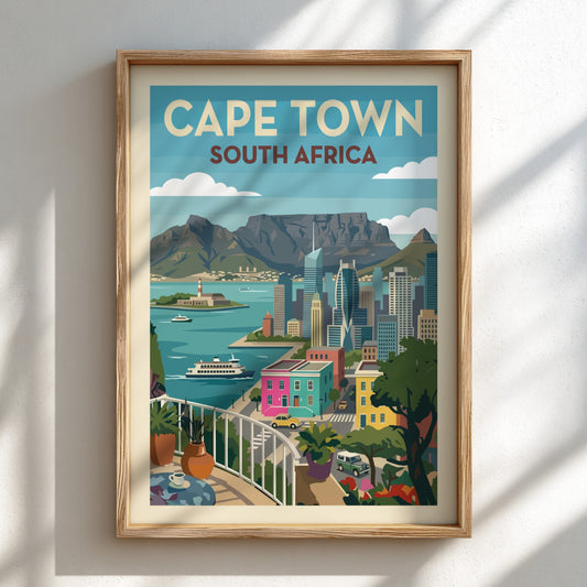 Stylized Cape Town travel poster with Table Mountain, cityscape, and colourful buildings.