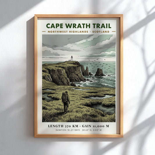 Poster of a hiker walking towards a lighthouse on the Scottish Cape Wrath Trail.