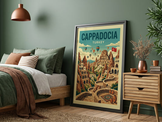 Vintage Cappadocia travel poster with hot air balloons and fairy chimneys in a retro art style.