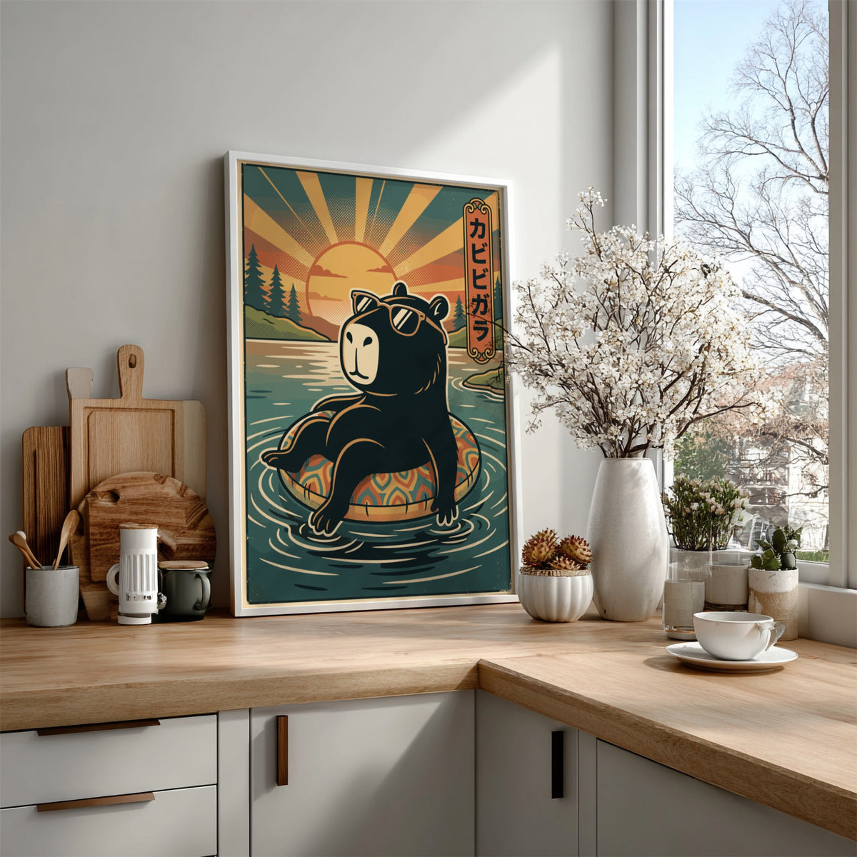Poster of a black capybara wearing sunglasses floating on a pool ring at sunset