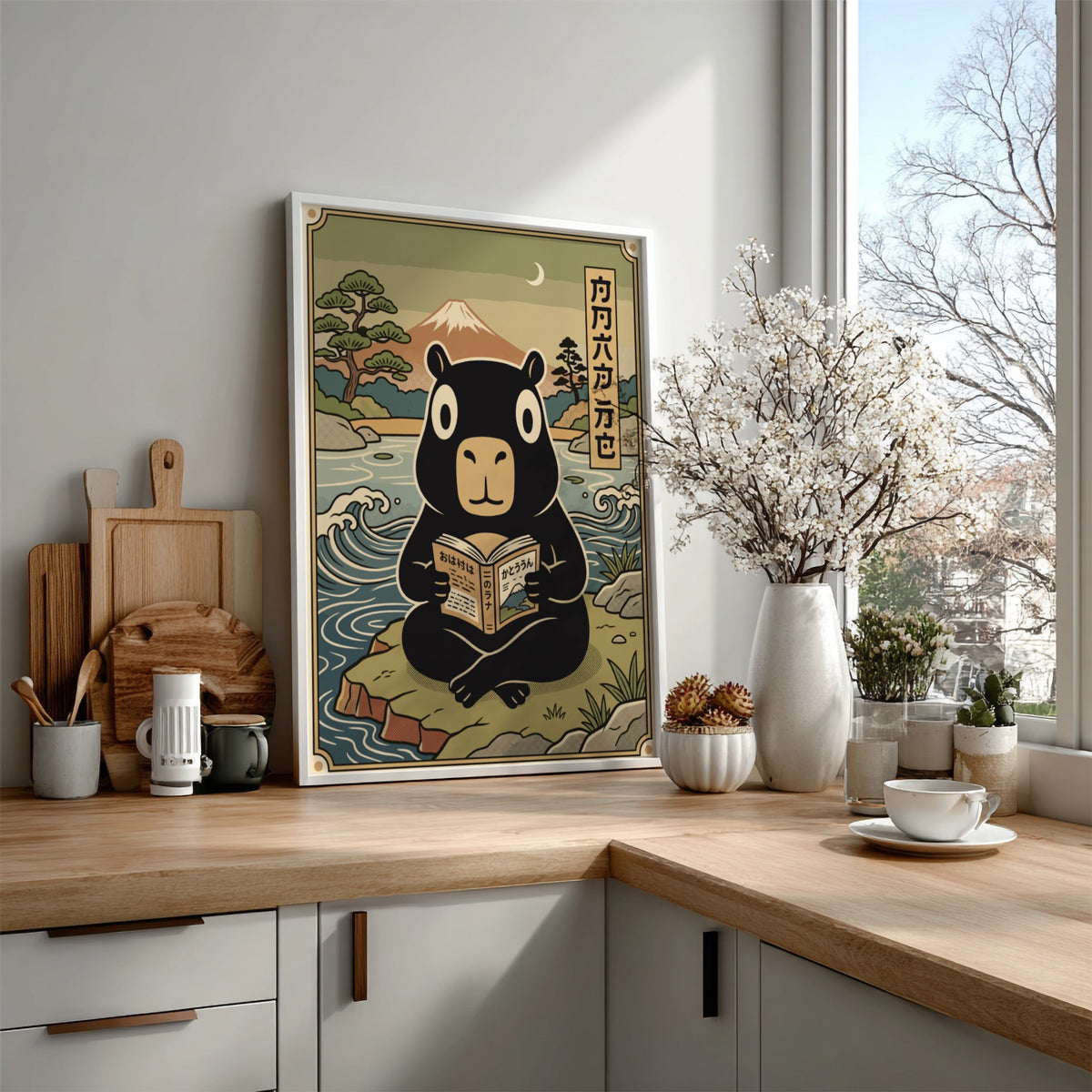 Poster featuring a black capybara reading a book by a lake near Mount Fuji