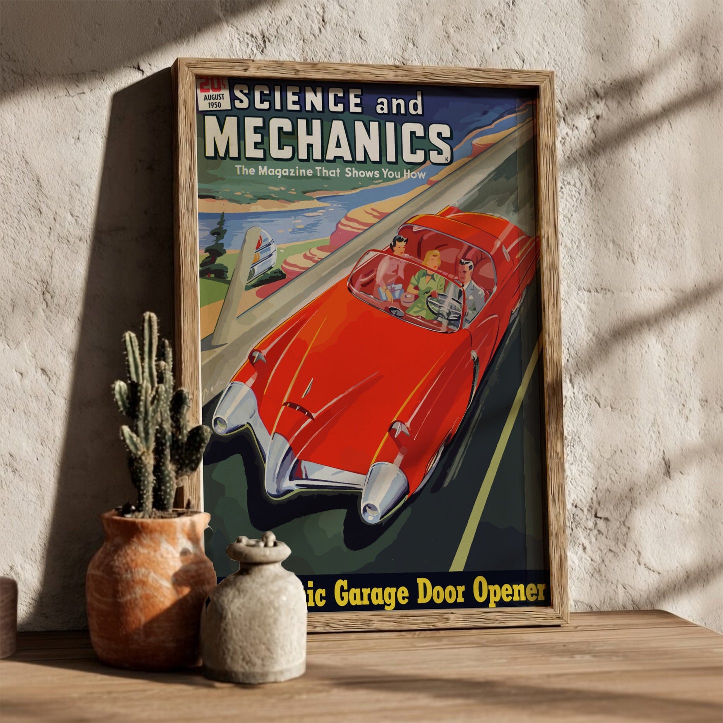 Mid-century modern poster of Raymond Loewy's 'Car of the Future' concept, featuring a red convertible.