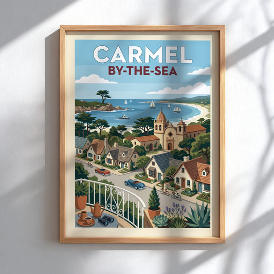 Carmel-by-the-Sea coastal town print with vintage cars, mission church, and sailboats.