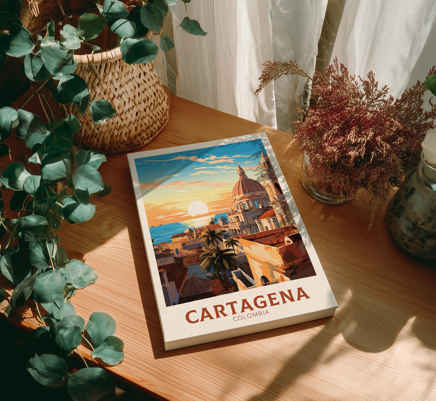 Canvas of 'Cartagena Colombia' on a wooden table with plants around