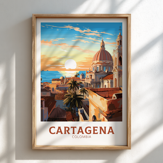 Framed artwork of Cartagena, Colombia with a sunset over a cityscape.