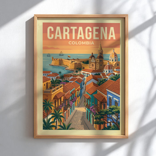 Cartagena Colombia travel poster featuring a colorful colonial street and historic fortifications under a