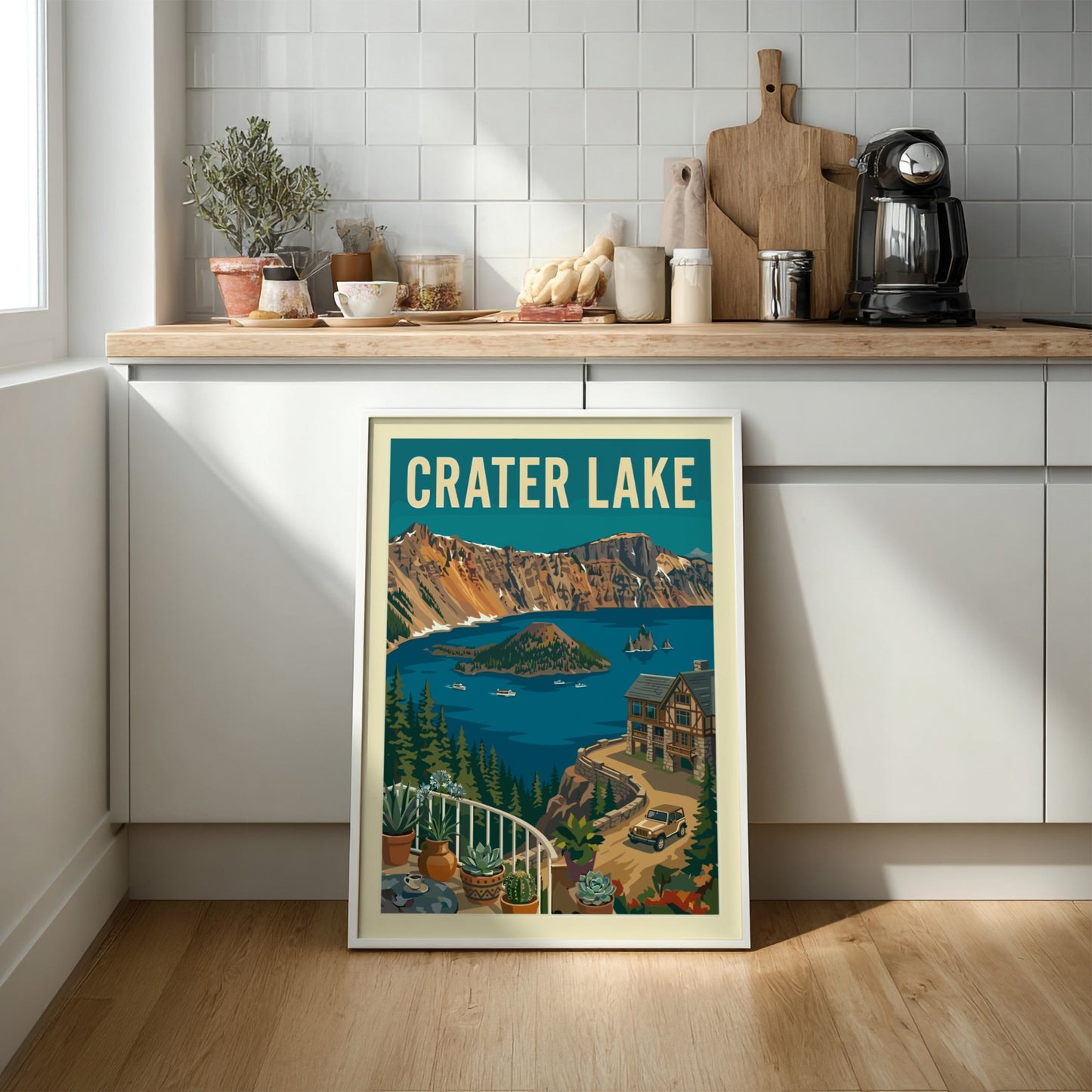 Vintage Crater Lake National Park poster with a retro illustration of the lake, mountains, and lodge.