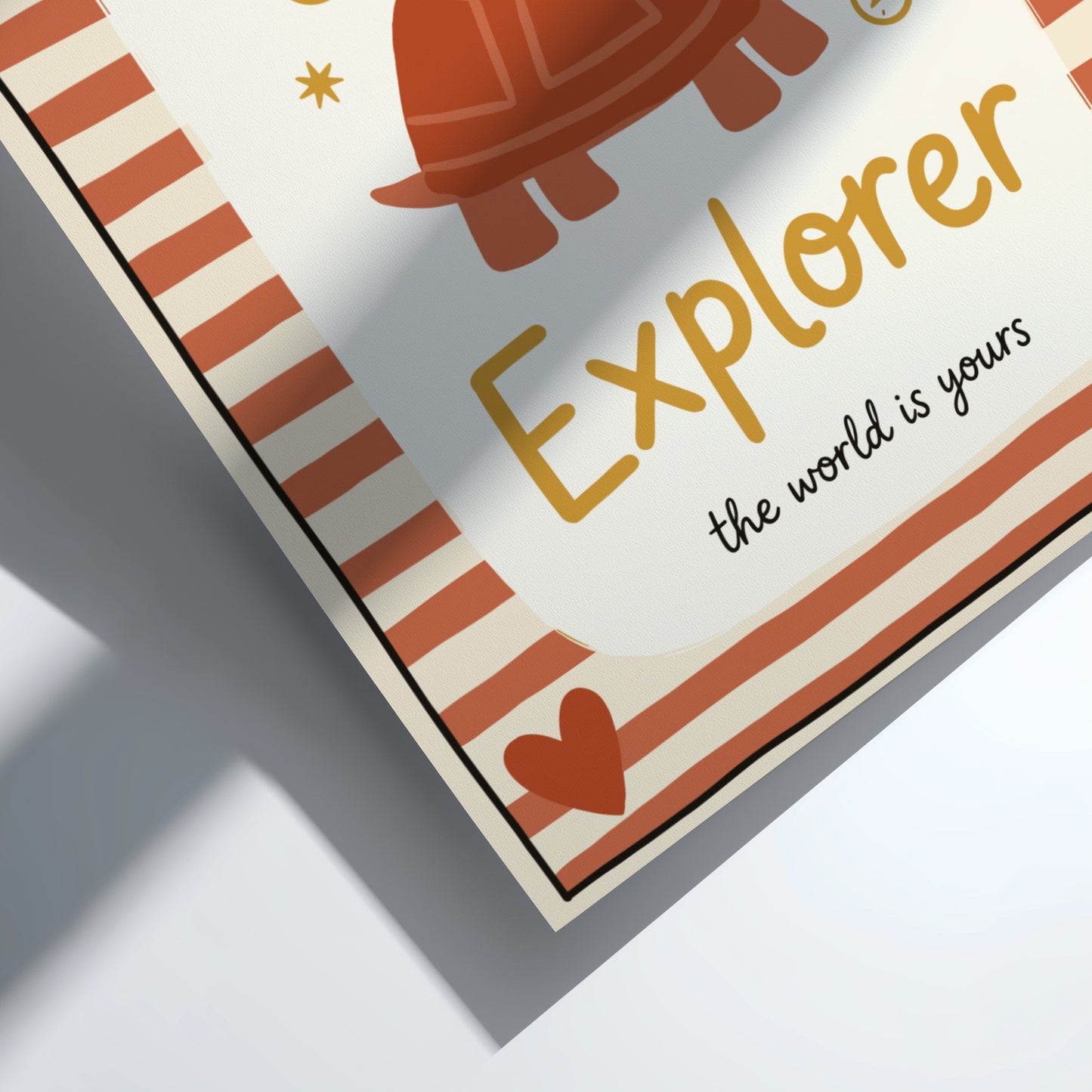 Kids room poster featuring a cartoon tortoise with a rucksack in warm colors, perfect for nursery decor.