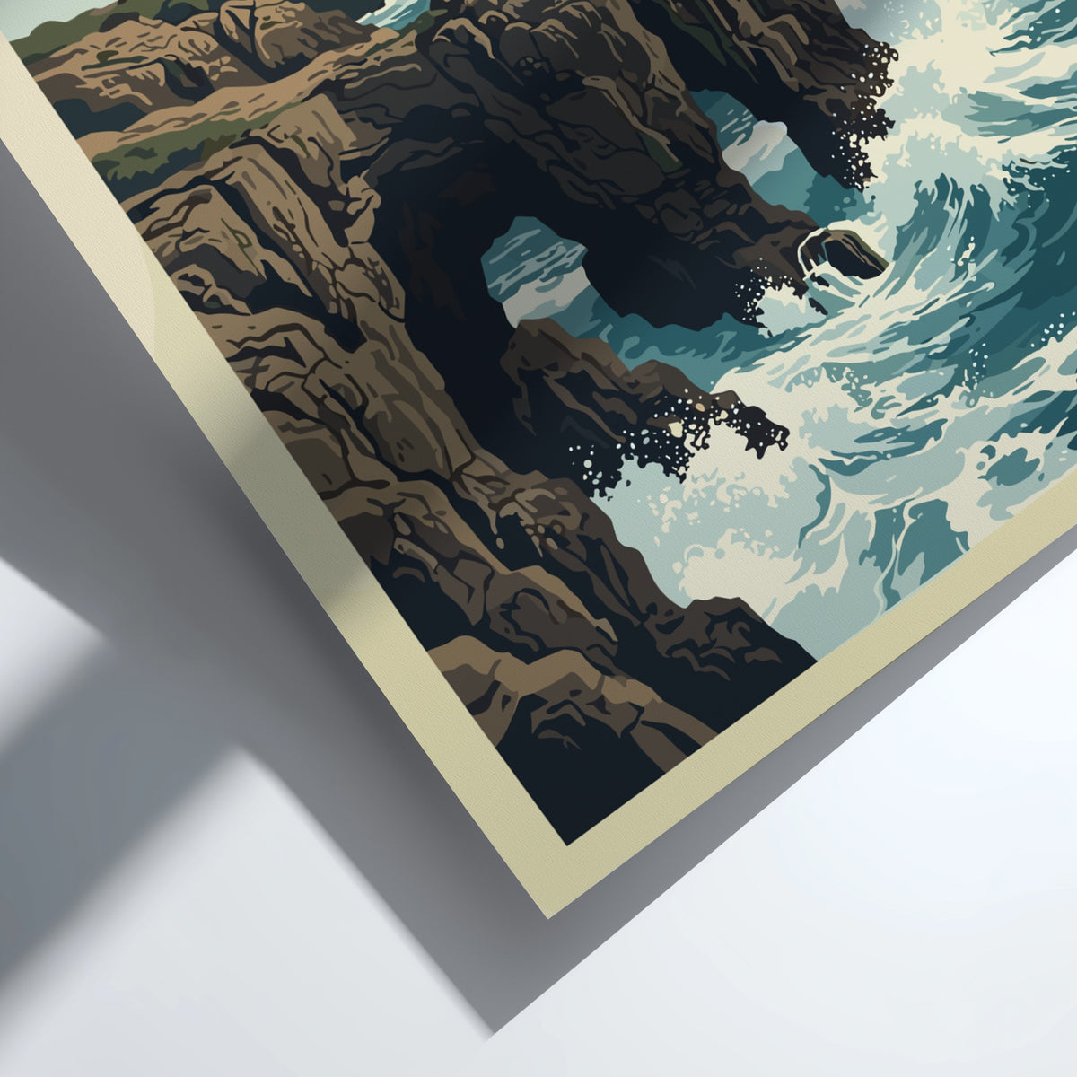 Poster of Cascais Portugal coastline featuring a lighthouse on cliffs above crashing waves.