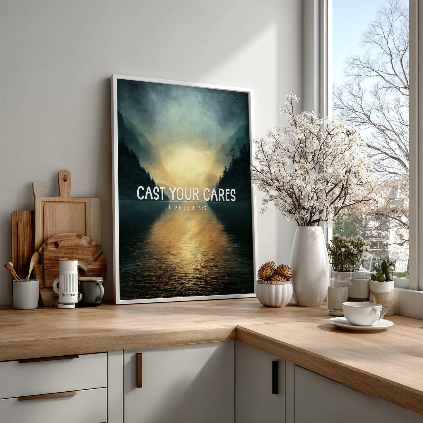 Cast Your Cares Poster featuring serene landscape and 1 Peter 5:7 verse
