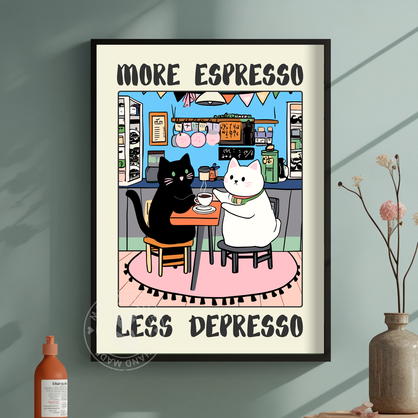 More Espresso Less Depresso – Funny Black Cat Coffee Print, Coffee Lover Wall Art, Kitchen Decor, Handmade Cat Poster,