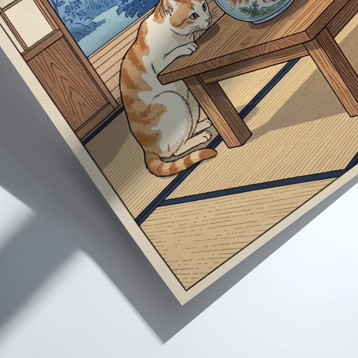 Poster featuring a ginger cat watching three goldfish in a bowl inside a room.
