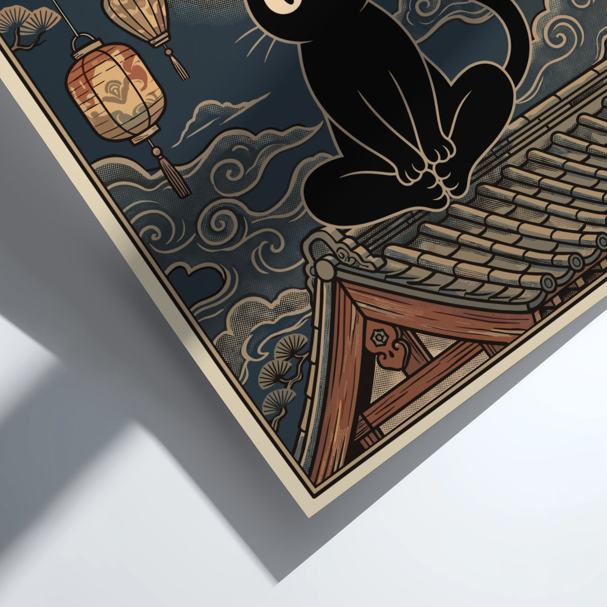 Poster featuring a black cat sitting in a lotus pose on a rooftop.