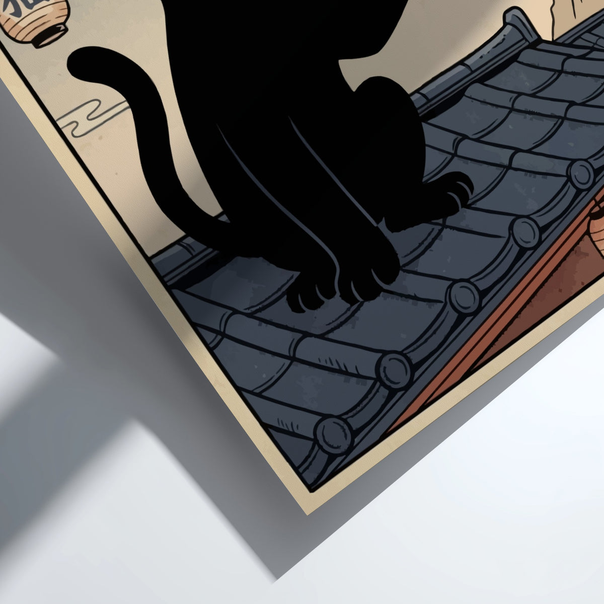 Poster featuring a black cat drinking tea on a roof with lanterns