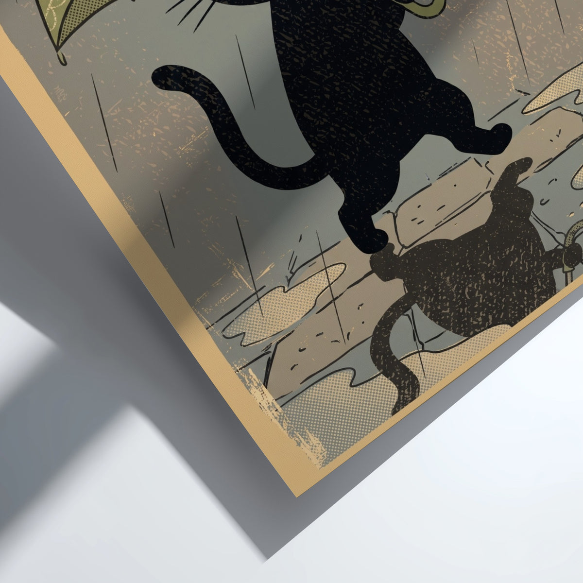 Poster of a black cat walking under a green umbrella in the rain