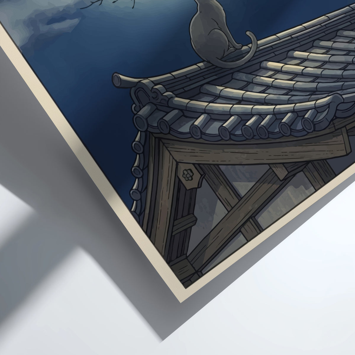 Poster of a cat sitting on a Japanese roof under a large full moon