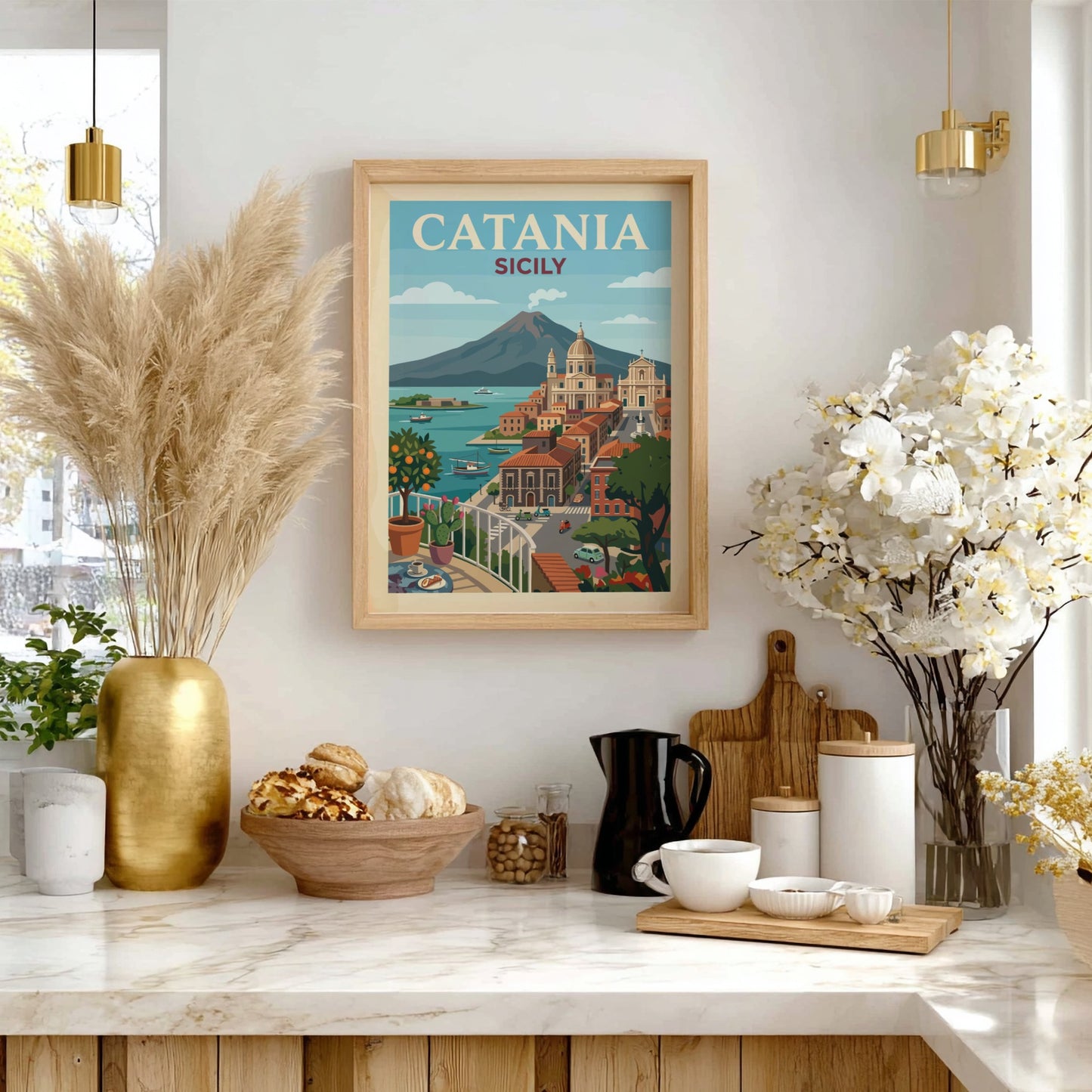 Catania Sicily travel poster with Mount Etna and coastal city view, vintage style.
