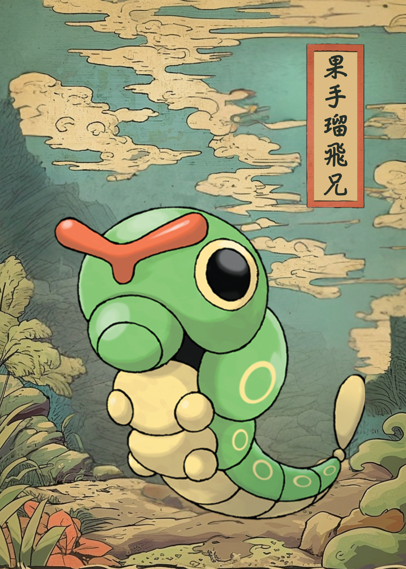 Caterpie Pokemon character with a red antenna on a stylized landscape background