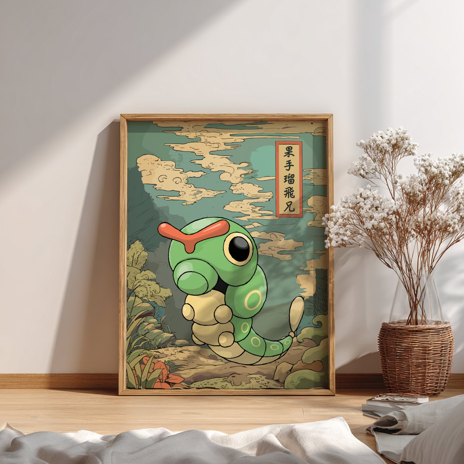 Framed cartoon poster of Caterpie Pokemon on a wall.