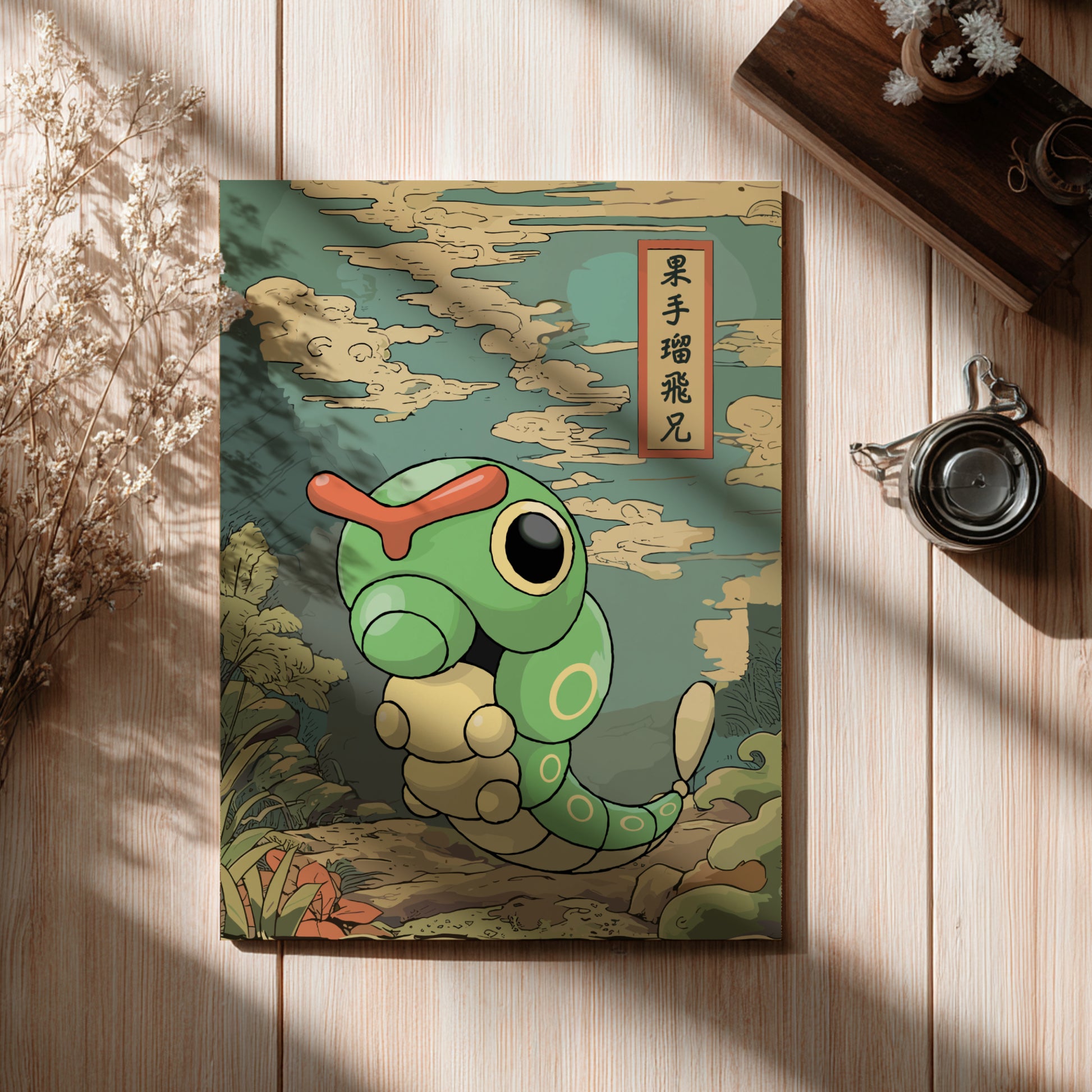 Poster with Caterpie Pokemon design on a wooden surface