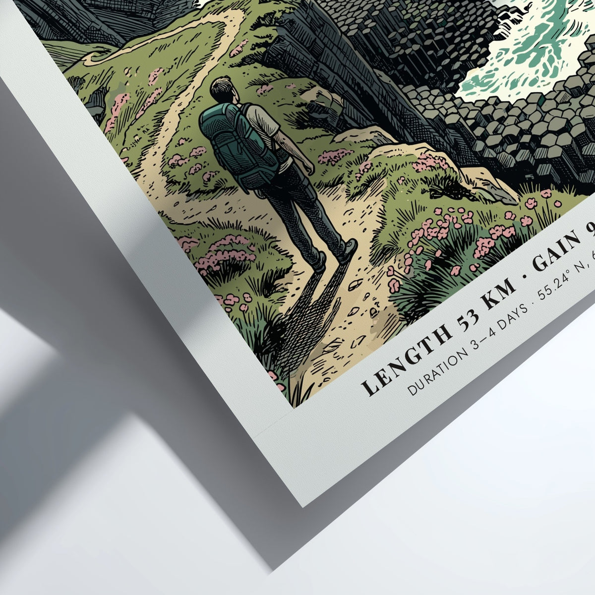 Poster featuring a hiker on the Causeway Coast trail in Northern Ireland, illustration style.