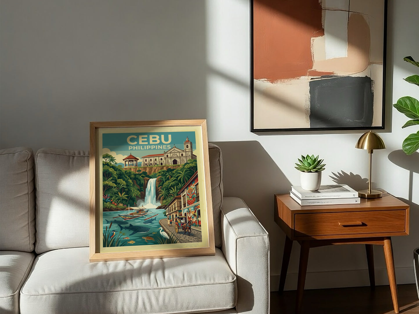 Travel poster of Cebu Philippines featuring a historic church waterfall whale sharks and boat