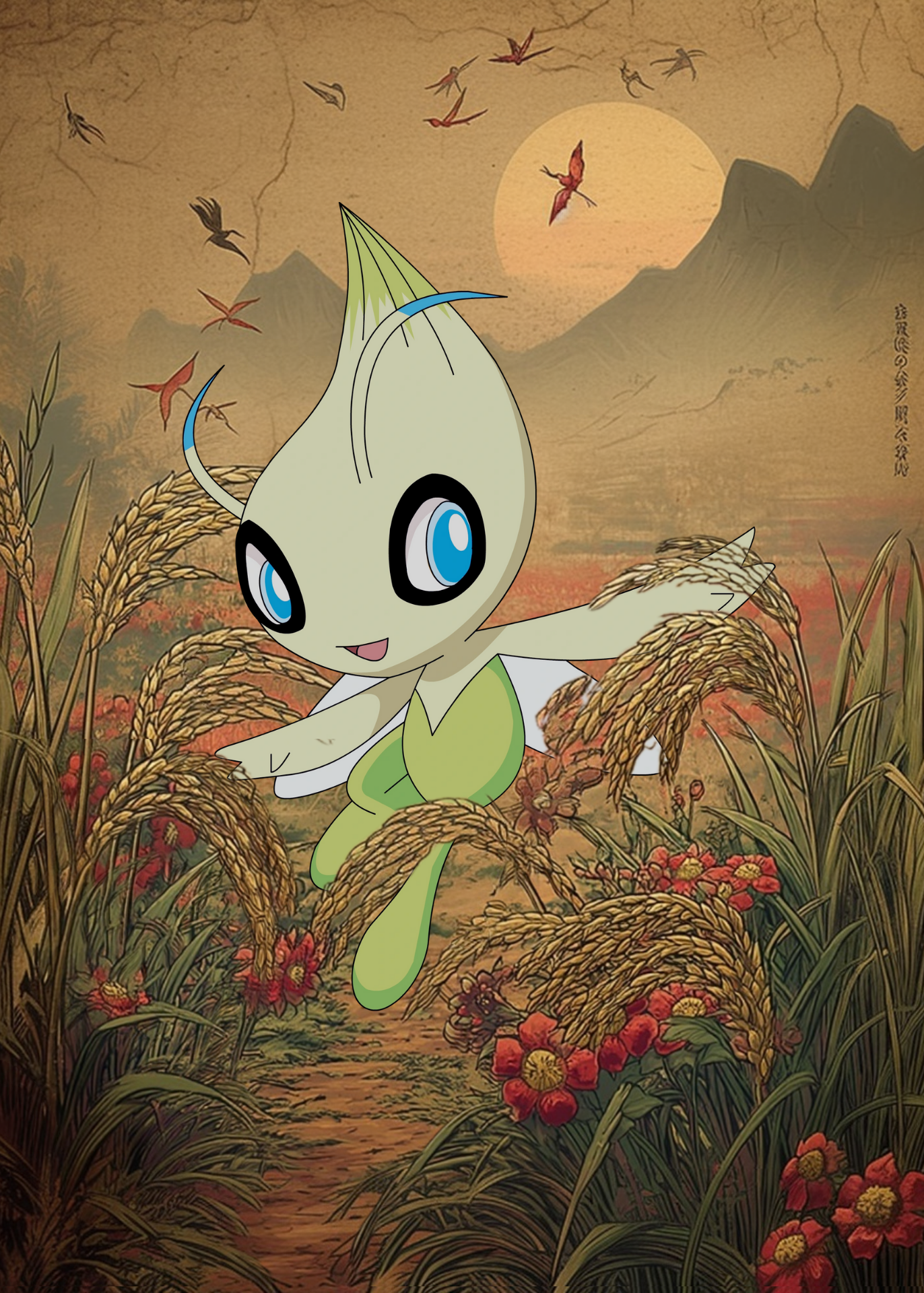 Celebi Pokemon character in a stylized landscape with mountains and birds