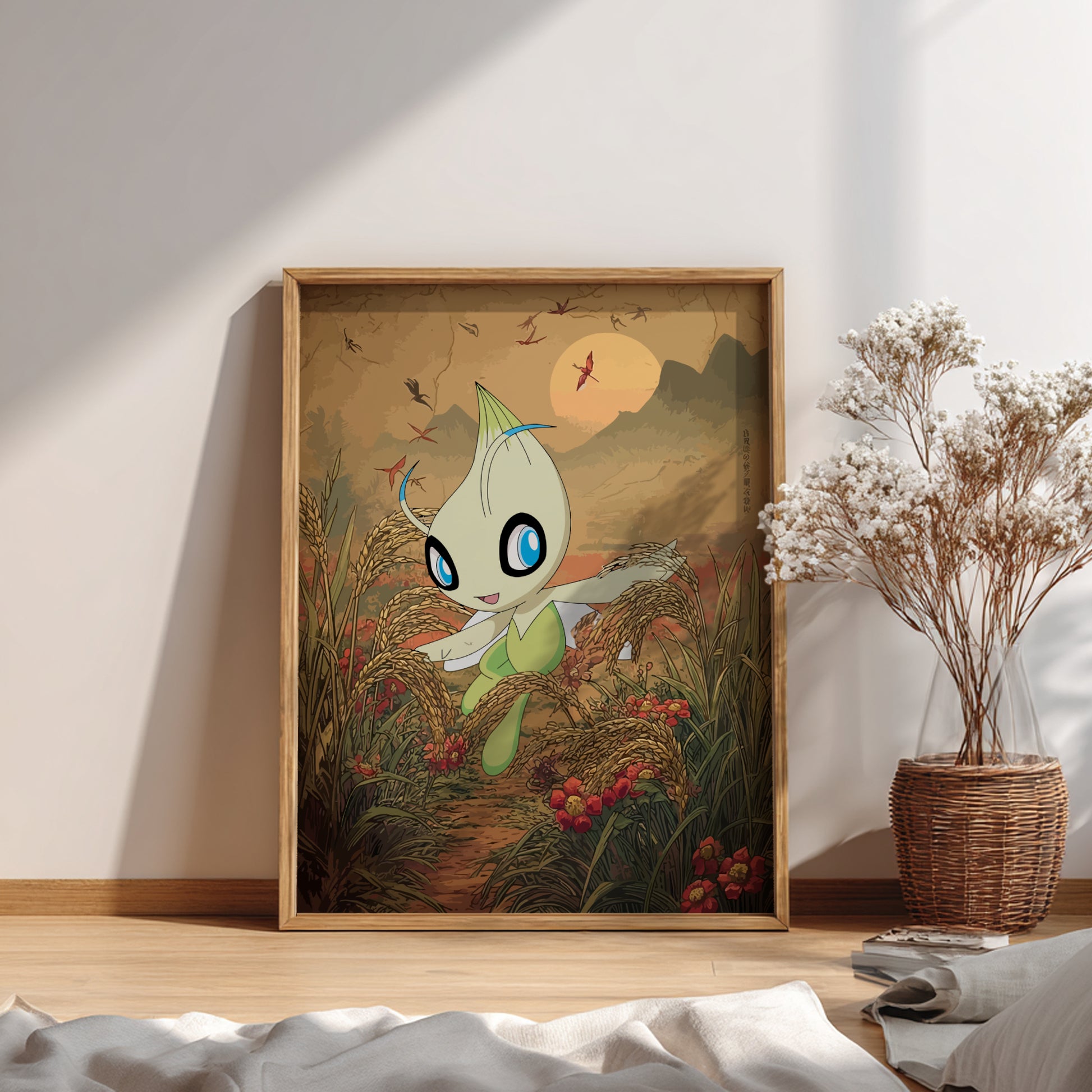 Framed artwork of Celebi Pokemon character in a natural setting on a wall.