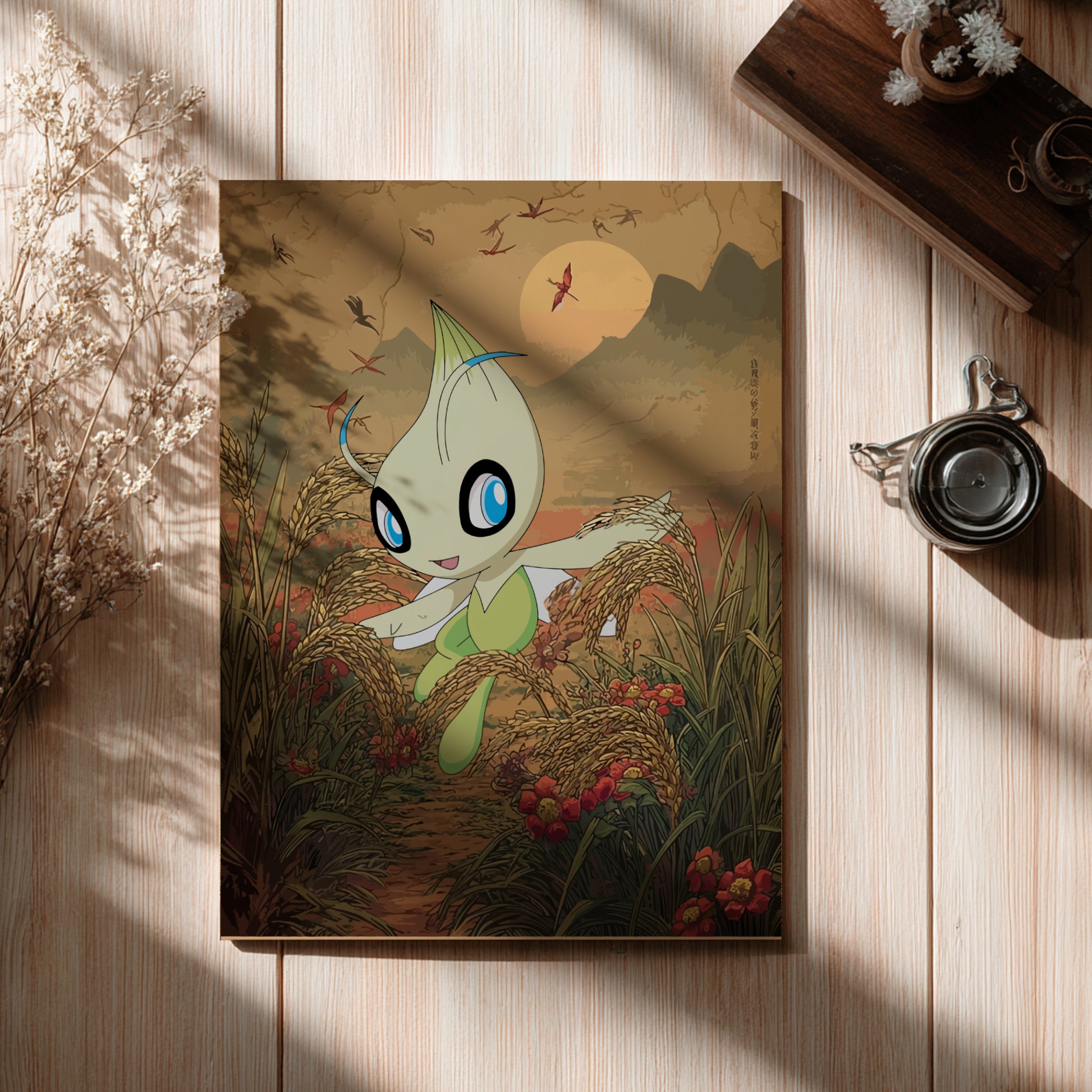 Celebi Pokemon character in a field with a sunset background on a wooden surface.
