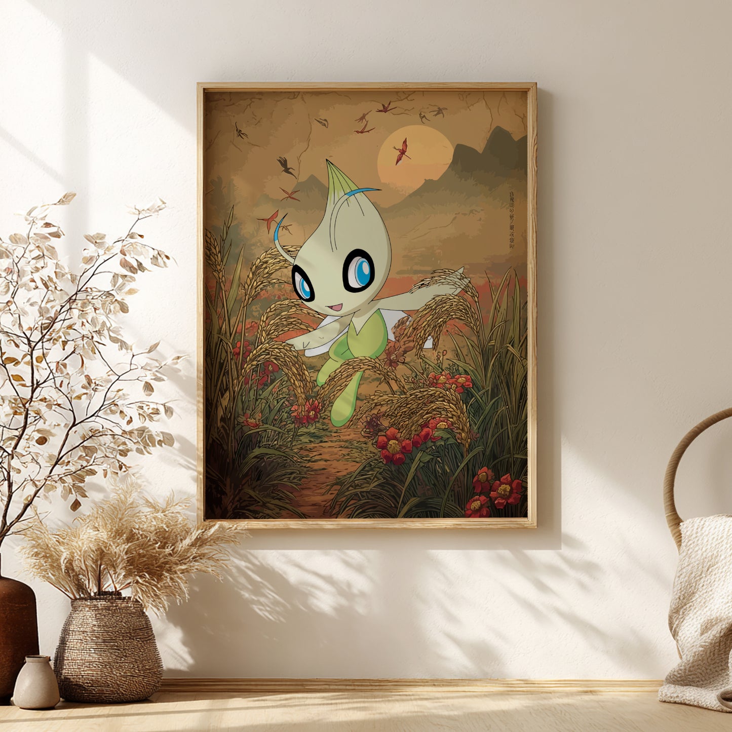 Framed artwork of Celebi Pokemon character in a natural setting on a wall with decorative elements.