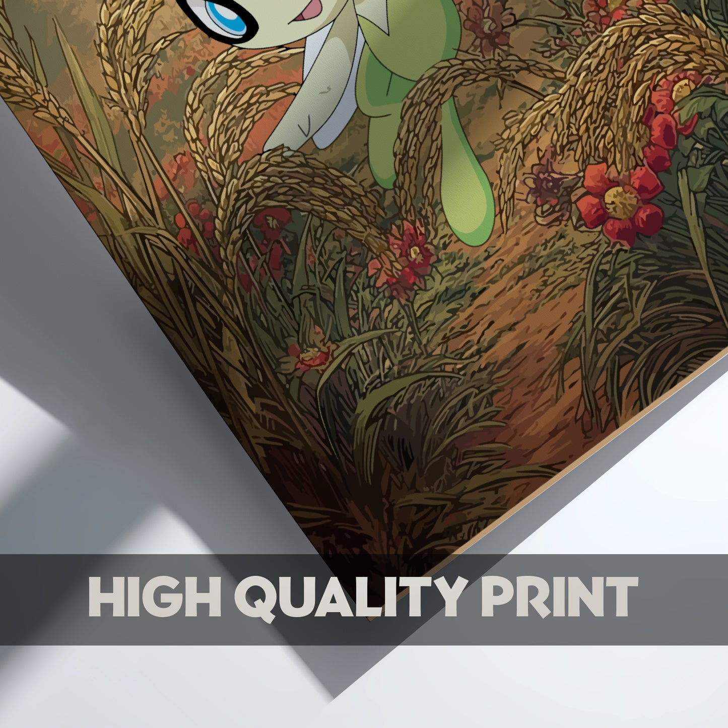 Artistic print of Celebi Pokemon character in a natural setting with 'HIGH QUALITY PRINT' text.