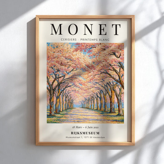 Monet inspired poster featuring cherry blossoms in vibrant pinks and whites, perfect for home decor.
