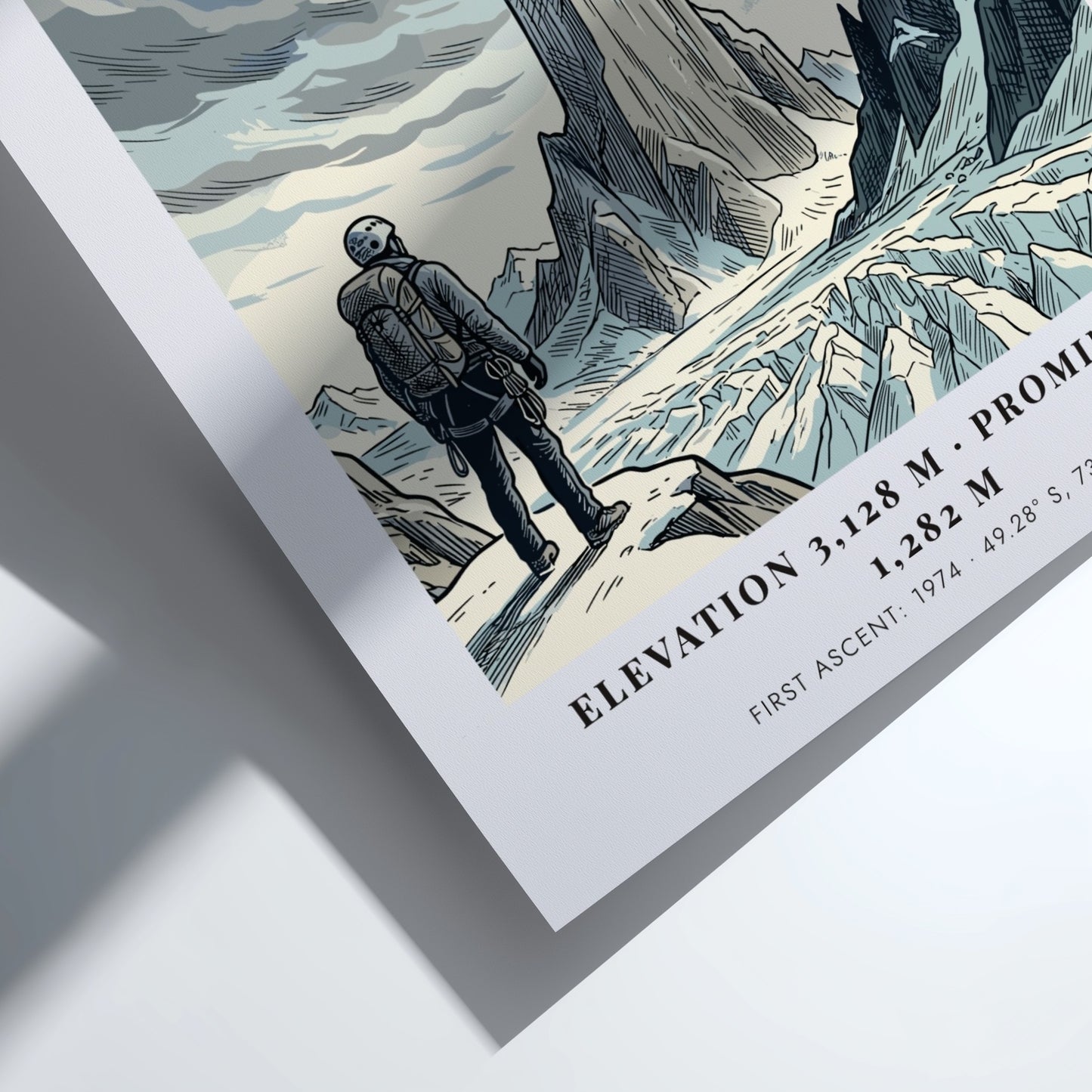Poster featuring a climber looking at the icy, granite spire of Cerro Torre.
