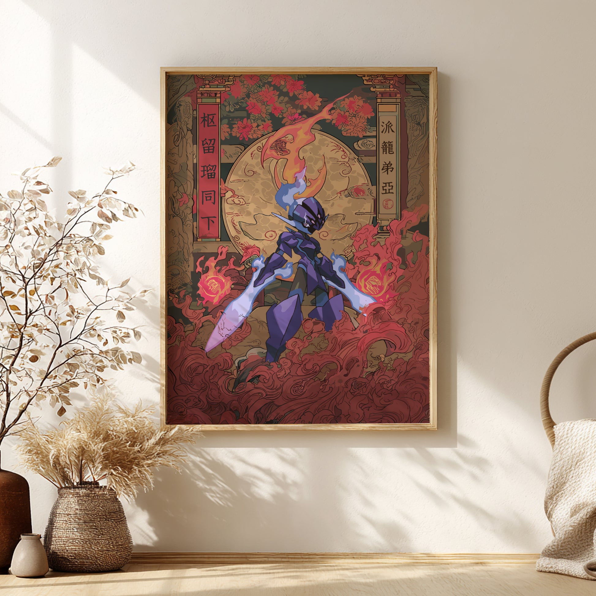 Framed artwork of Ceruledge Pokemon character with a red and gold background in a room with decor elements.