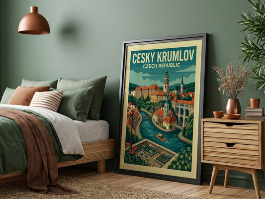 Vintage travel poster of Cesky Krumlov, Czech Republic, with river, castle, and colorful buildings.