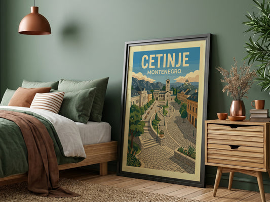 Retro travel poster of Cetinje, Montenegro, featuring cobblestone streets and historic architecture.