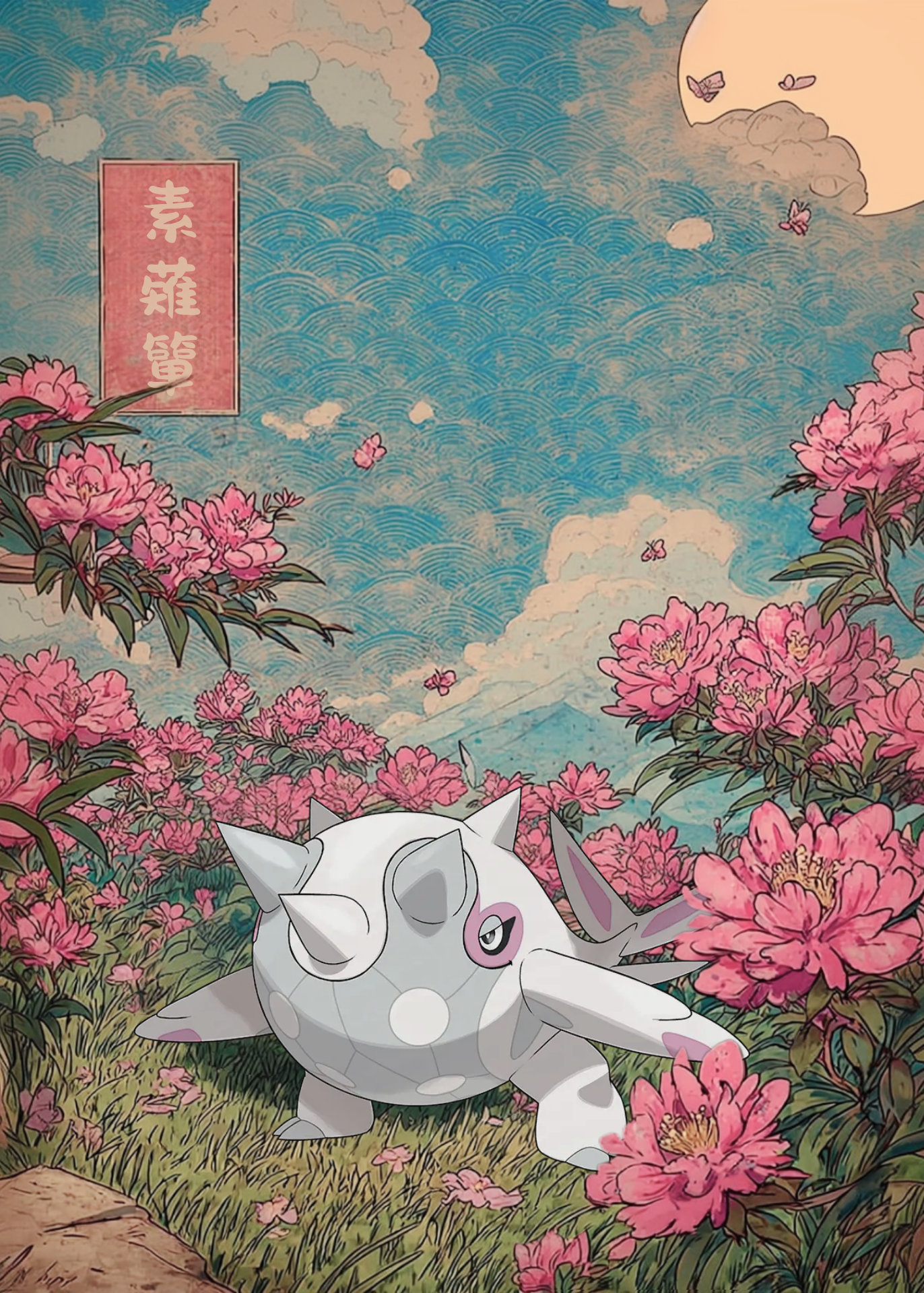 Cetitan Pokemon character in a field of pink flowers with a blue sky and clouds.