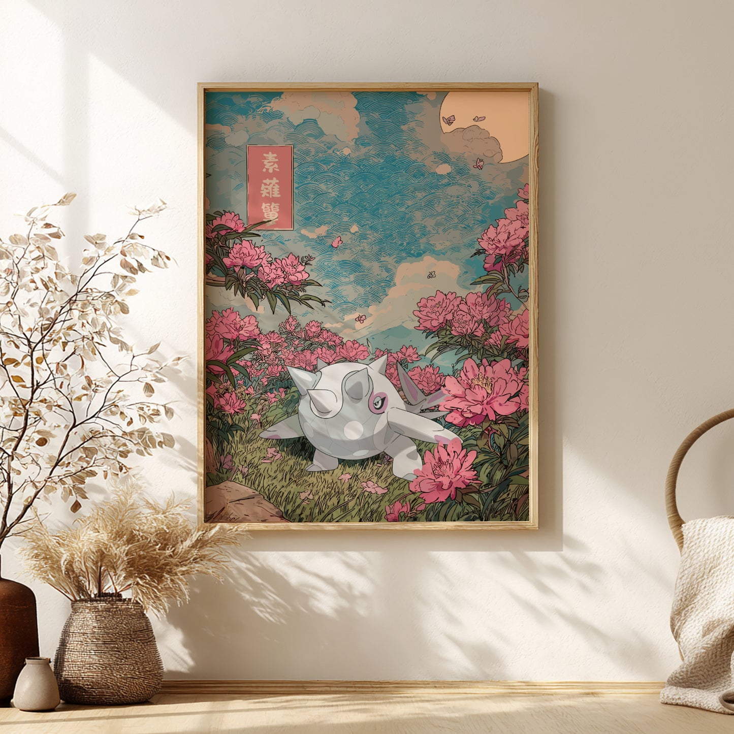 Framed artwork of Cetitan Pokemon character in a floral setting on a wall with decorative plants.