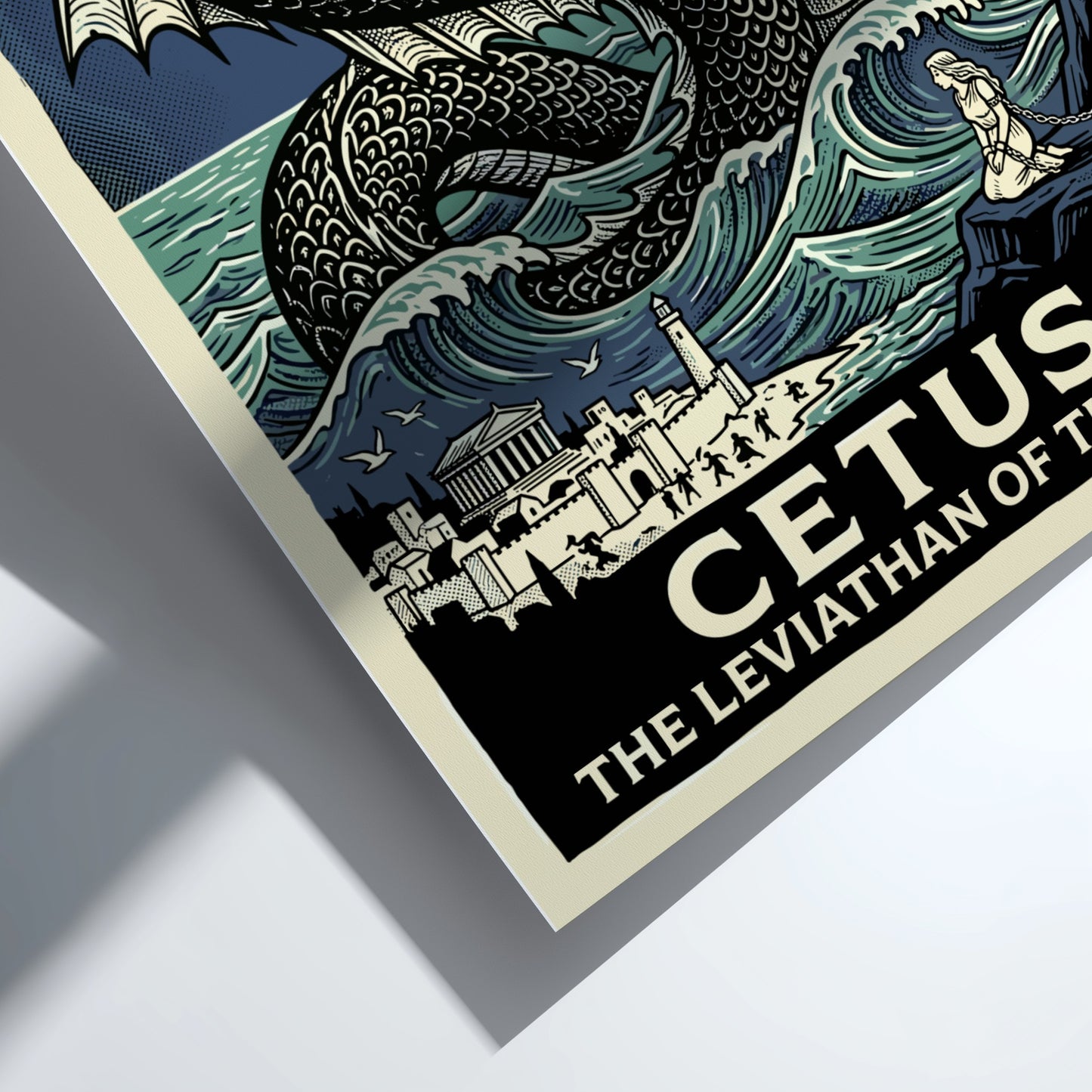 Cetus sea monster poster with Greek mythology theme, featuring a large sea serpent, waves, and a coastal town.