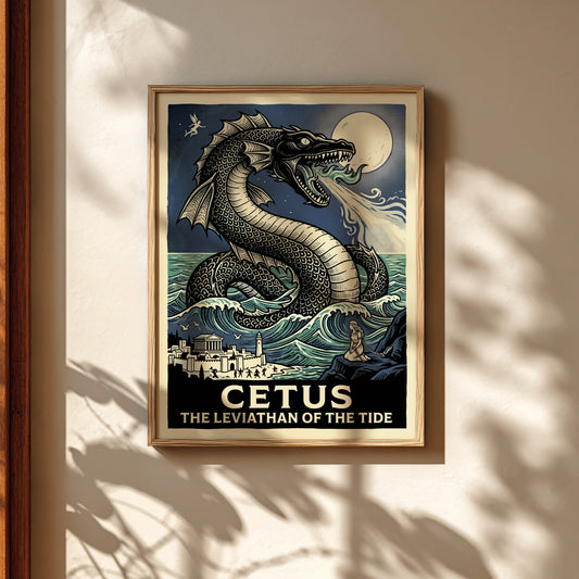 Cetus sea monster poster with Greek mythology theme, featuring a large sea serpent, waves, and a coastal town.