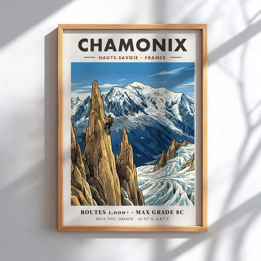 Poster of a climber scaling a granite peak in Chamonix with snowy mountains.