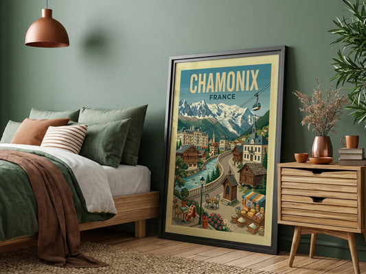 Vintage Chamonix France travel poster with mountains, village, and river. Alpine wall art.