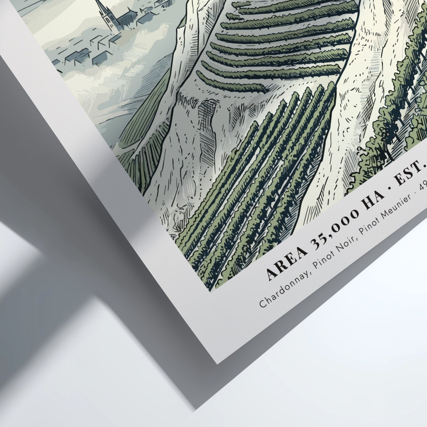 Poster featuring a detailed illustration of Champagne vineyards in France with a village church
