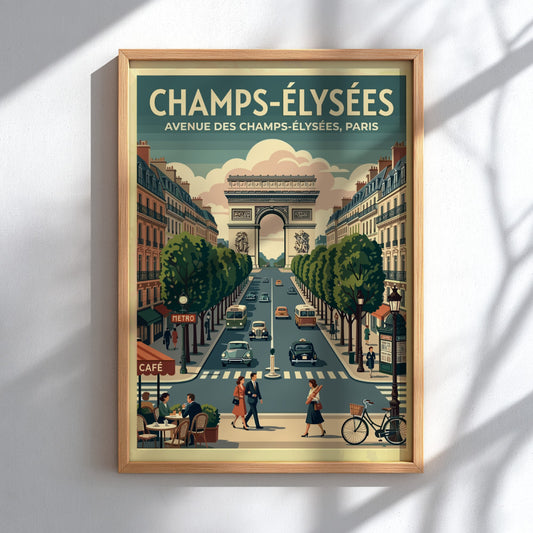 Champs-Élysées travel poster featuring vintage Parisian scene with warm colors and detailed architecture