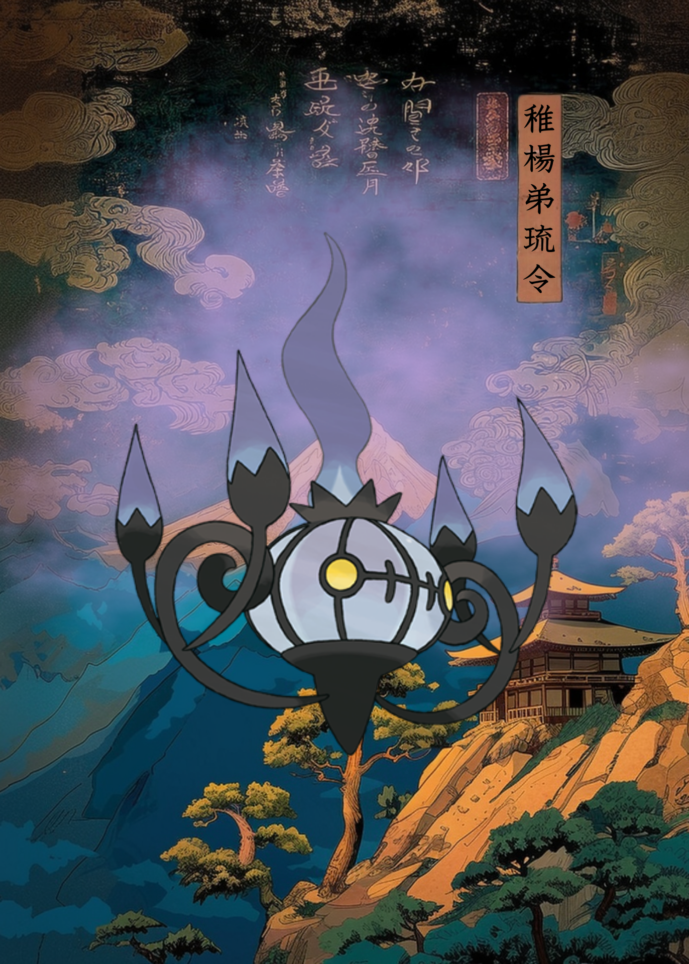 Chandelure Pokemon against a scenic background with mountains and trees.