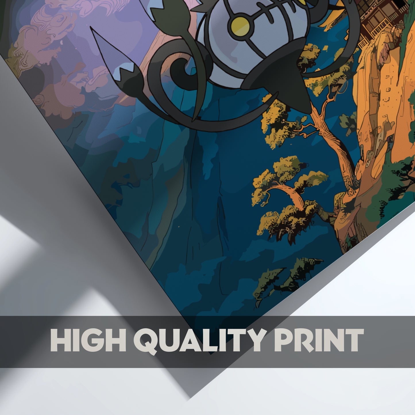 Colorful illustration of Chandelure Pokemon on a fantasy scene with trees and architecture, labeled 'High Quality Print'.