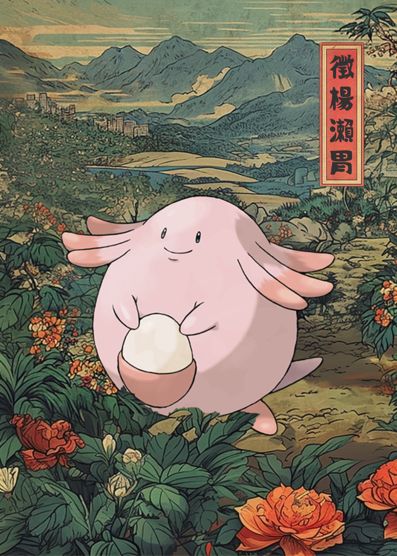 Chansey Pokemon character in a scenic landscape with mountains and flowers