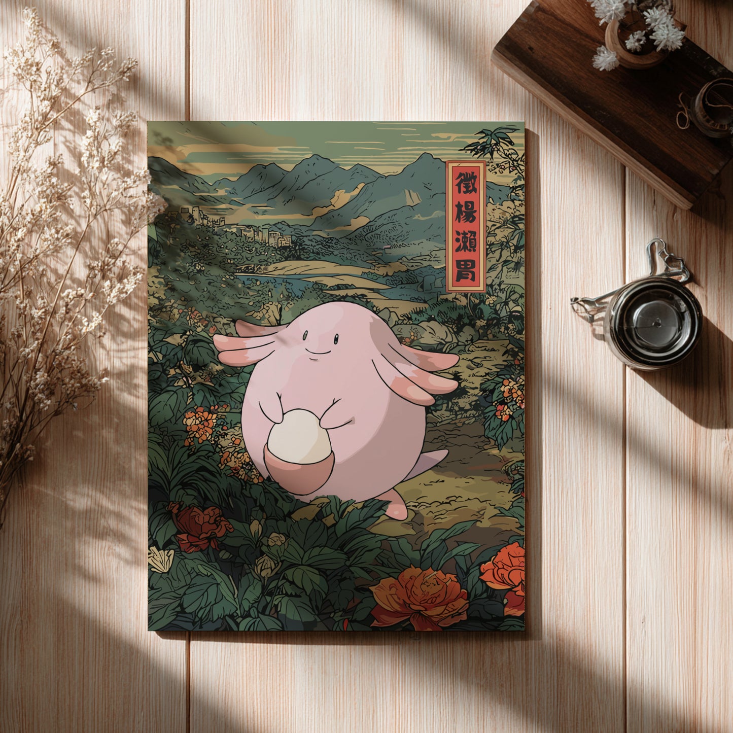 Poster with Chansey Pokemon illustration on a wooden surface with a scenic background